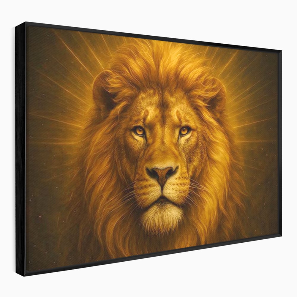 Tablou canvas cu tablou canvas cu portret de leu, in rama de aluminiu negru